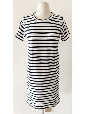 Le Mont St Michel Cotton Navy Blue & White Striped T-Shirt Dress Size Medium
